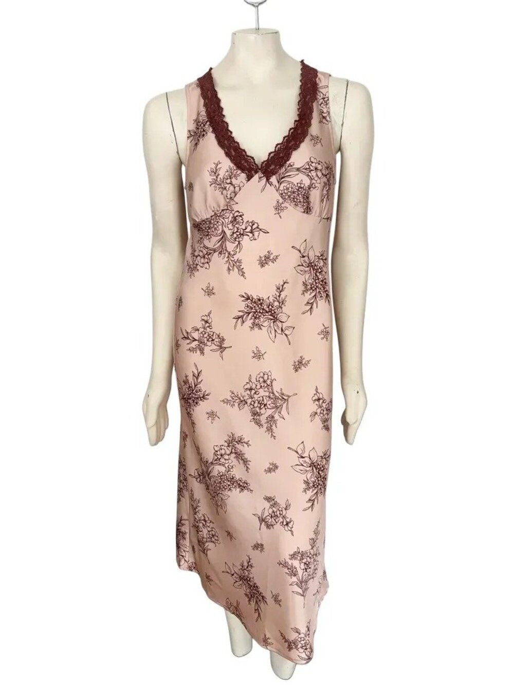 NEW OLD NAVY Lace Trim Floral Satin Midi Slip Dress Pink SZ S